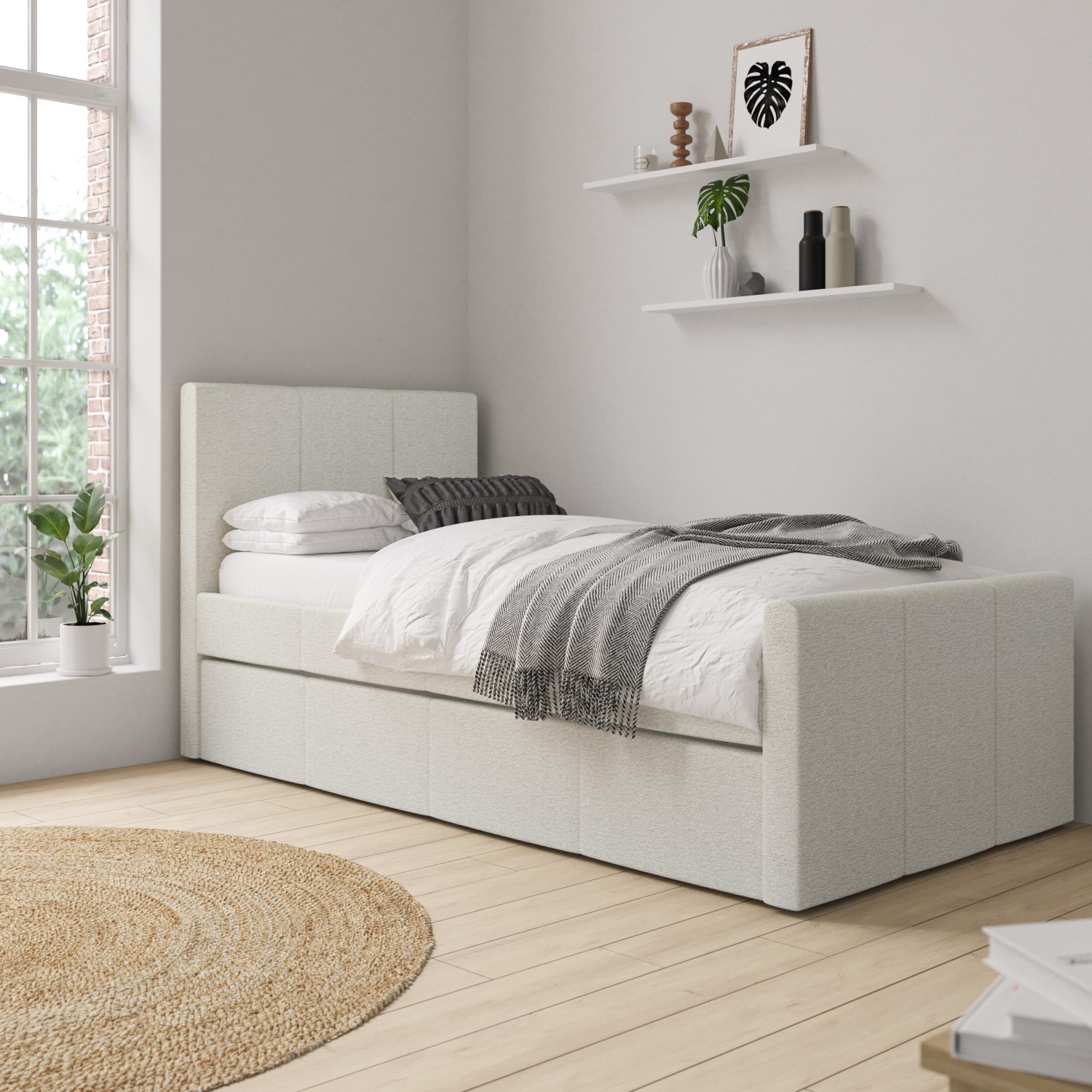 Read more about Single guest bed with trundle in cream fabric layla